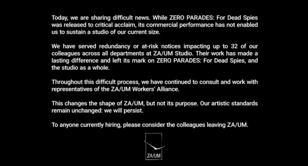 В студии ZA/UM пройдут сокращения на фоне слабых продаж ZERO PARADES В студии ZA/UM пройдут сокращения на фоне слабых продаж ZERO PARADES
