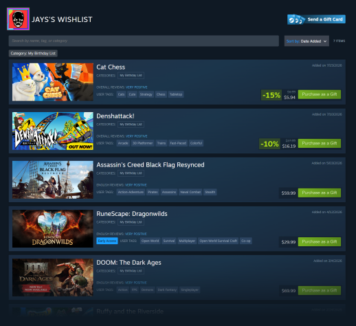 Valve улучшила вишлисты и упростила покупку подарков в Steam